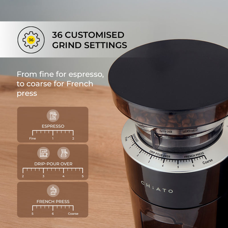 CHiATO grindPLAY koffiemolen met maalschijven en ingebouwde weegschaal – zwart